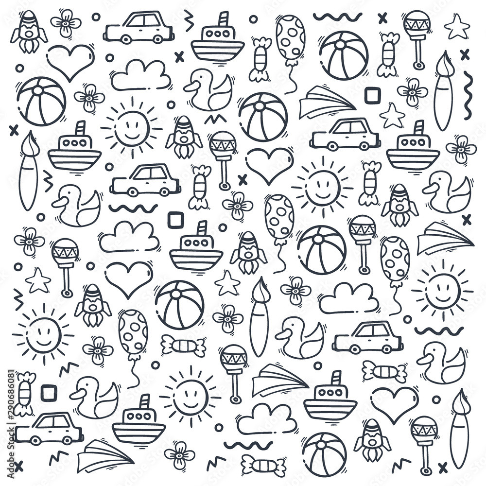 Set od Hand draw Kids doodle backgrounds. Objects from a child's life ...