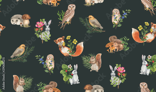 Hand drawn seamless pattern with watercolor forest animals and plants. Pattern for kids wallpaper, wood inhabitants, cute animals