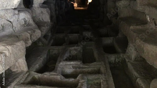 Panoramic view of some ancient buildings in Cava d'Ispica, in Sicily, Italy.