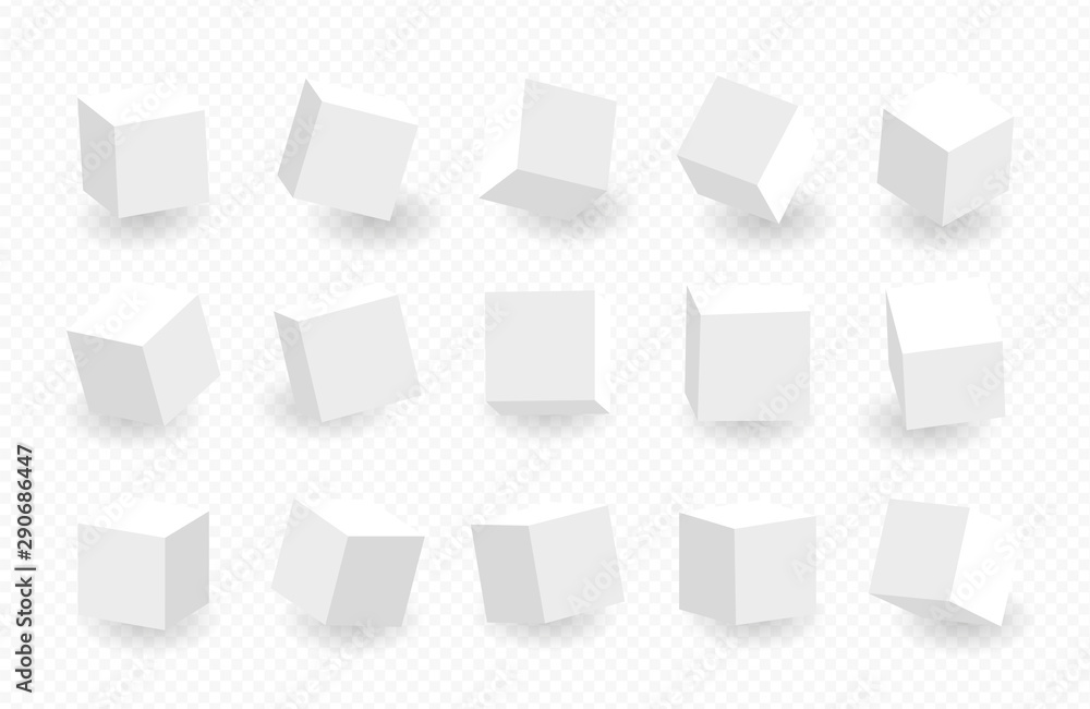 White 3D cube pack isolated on transparent background. Multiple cubes. Different light, perspective and angle. Vector illustration