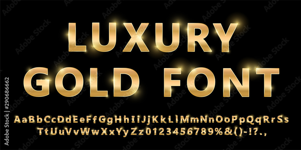 Shiny modern gold font isolated on black background. Vintage golden numbers and letters with shadows. Detailed 3d alphabet. Typography yellow gold bold mockup. Anniversary letters. Vector - obrazy, fototapety, plakaty 