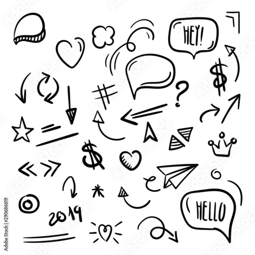 Doodle icon set, collection of hand drawn elements