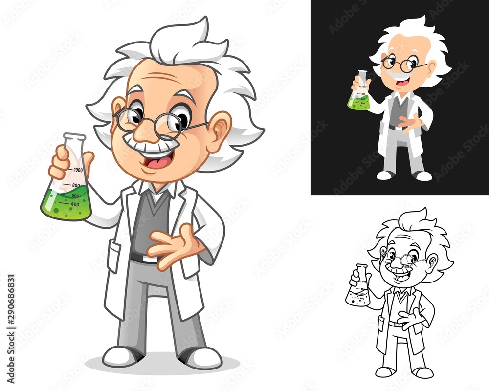Happy Old Man Professor with Glasses Holding Potion in a Erlenmeyer Flask Cartoon Character Design, Including Flat and Line Art Designs, Vector Illustration, in Isolated White Background. Happy Old Man Professor with Glasses Holding Potion in a Erlenmeyer Flask Cartoon Character Design, Including Flat and Line Art Designs, Vector Illustration, in Isolated White Background.