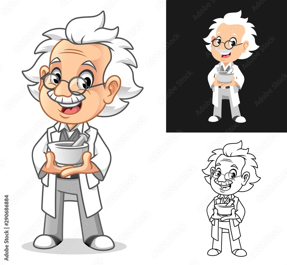 Happy Old Man Professor Holding Medical Mortar and Pestle Cartoon Character Design, Including Flat and Line Art Designs, Vector Illustration, in Isolated White Background.