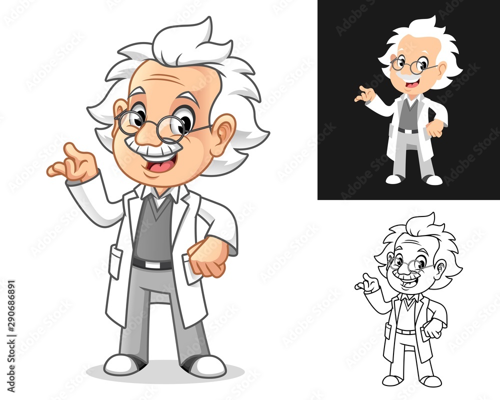 Happy Old Man Professor with Present Something Gesture Cartoon Character Design, Including Flat and Line Art Designs, Vector Illustration, in Isolated White Background.