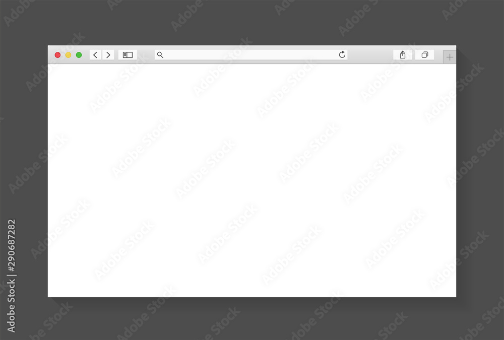 Modern browser window design isolated on dark grey background. Web window screen mockup. Internet empty page concept with shadow. Vector illustration Modern browser window design isolated on dark grey background. Web window screen mockup. Internet empty page concept with shadow. Vector illustration