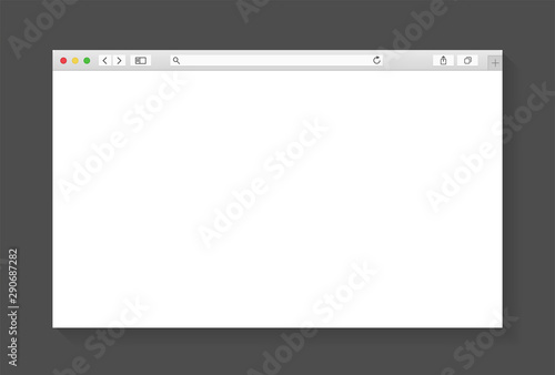 Modern browser window design isolated on dark grey background. Web window screen mockup. Internet empty page concept with shadow. Vector illustration