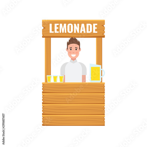 Cute cartoon boy standing on a lemonade stand. Vector illustration.