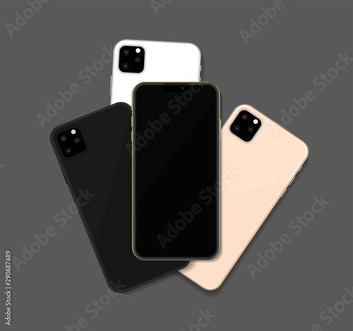 Pack of different colors new 2019 modern mobile phones mockup isolated on dark grey background. Black, white and gold phones. Vector illustration photo