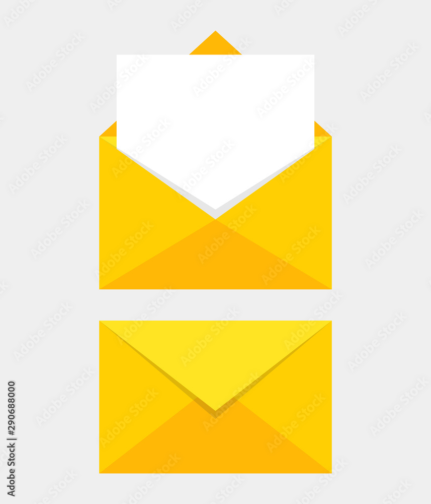 Opened and closed envelope with note paper card. Mail icon. Vector illustration. Opened and closed envelope with note paper card. Mail icon. Vector illustration.