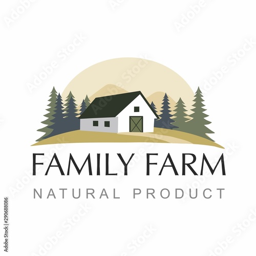Farm house label, landscape with fir tree. 
