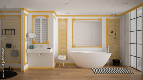 Modern white and yellow bathroom in classic room  wall moldings  parquet floor  bathtub with carpet and accessories  minimalist sink and decors  pendant lamps. Interior design concept