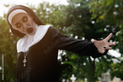 Rendering of a ghost nun or demon in the mysterious at the Churchyard.