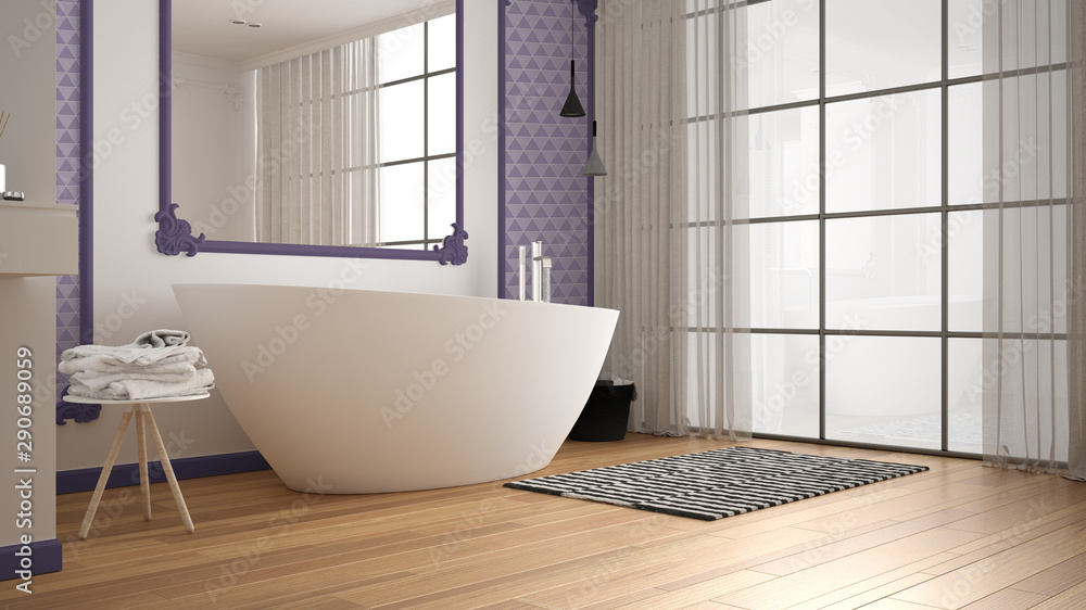 Modern white and purple bathroom in classic room, wall moldings, parquet floor, bathtub with carpet and accessories, minimalist sink and decors, pendant lamps. Interior design concept Modern white and purple bathroom in classic room, wall moldings, parquet floor, bathtub with carpet and accessories, minimalist sink and decors, pendant lamps. Interior design concept