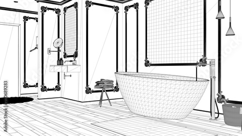 Blueprint project draft, minimalist bathroom in classic room, wall moldings, parquet floor, bathtub with carpet and accessories, sink and decors, modern architecture concept idea © ArchiVIZ
