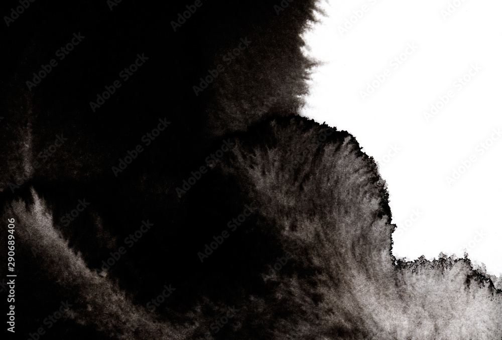 Splashes of black paint of various intensities regarded as dark smoke or wave. Black shapeless stain isolated on white background. Abstract hand drawn watercolor illustration with wet ink effect Splashes of black paint of various intensities regarded as dark smoke or wave. Black shapeless stain isolated on white background. Abstract hand drawn watercolor illustration with wet ink effect