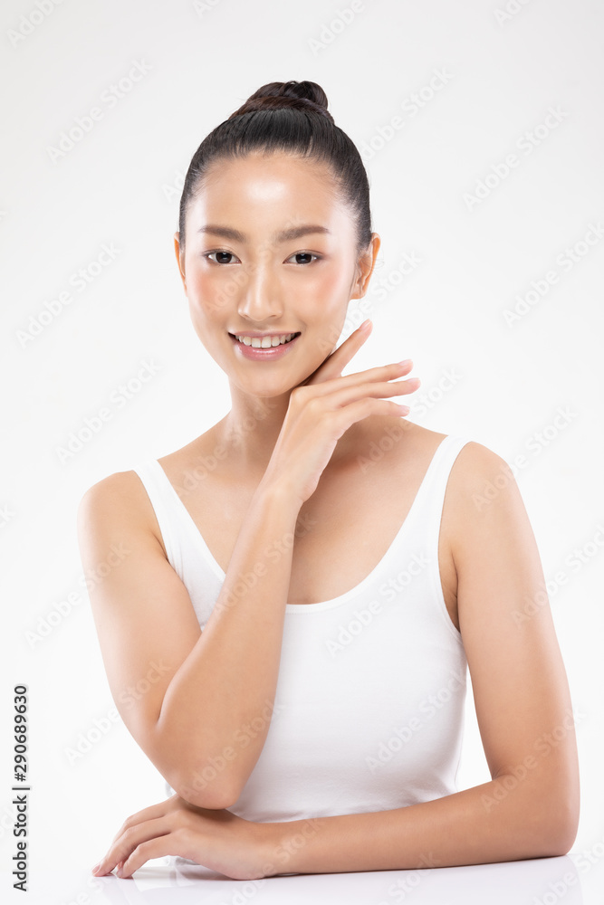 Beautiful Asian woman touching soft cheek smile with clean and fresh skin Happiness and cheerful with positive emotional,isolated on white background,Beauty and Cosmetics Concept Beautiful Asian woman touching soft cheek smile with clean and fresh skin Happiness and cheerful with positive emotional,isolated on white background,Beauty and Cosmetics Concept