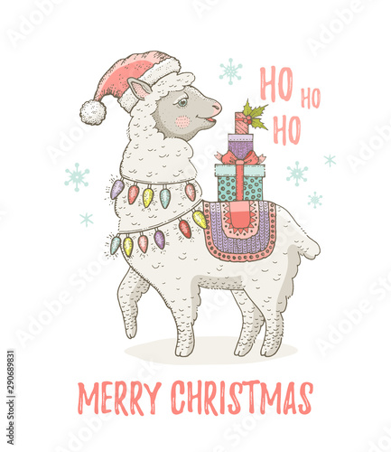 Cute Christmas alpaca llama in Santa hat. Winter lama animal for poster, greeting card, t-shirt print design. Merry Xmas New Year hand drawn vector illustration, isolated background. Doodle sketch