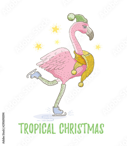 Cute Christmas exotic animal art. Flamingo tropical bird skates in scarf. Merry Xmas, New Year cartoon watercolor icon. For girl t-shirt print, poster, card design. Hand drawn vector sketch isolated
