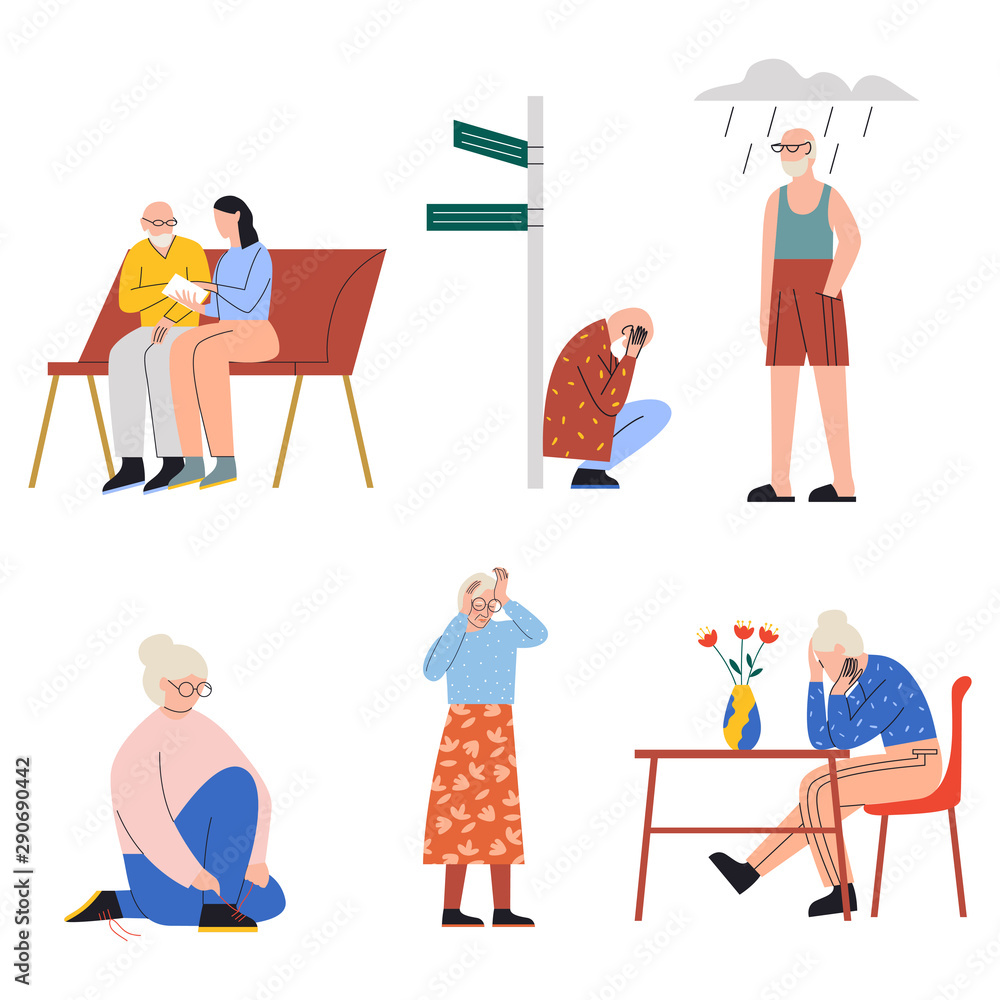 Set of old people performing Alzheimer's symptoms. Old men and women having trouble planning, confusion with time and space, poor judgment, difficulty completing familiar tasks,memory loss, depression