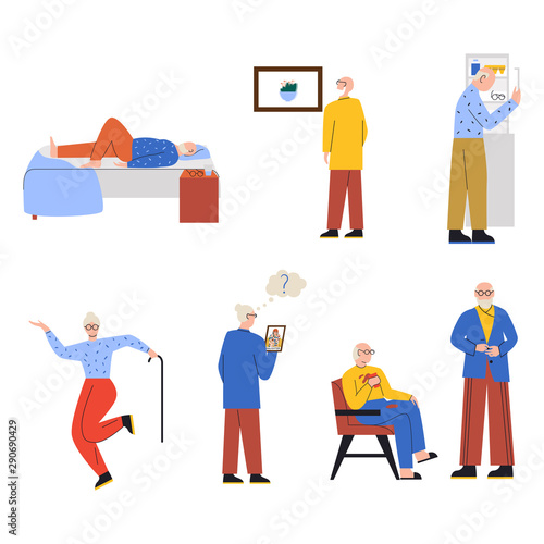 Set of old people performing Alzheimer's symptoms. Old men and women having trouble sleeping, poor eyesight, misplacing things, memory loss, loss of motor skills, disregard for hygiene, acting clingy