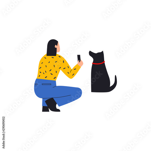 Woman taking a photo of her dog. Woman squatting and picturing her dog with phone camera. Flat vector isolated illustration