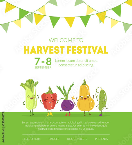 Welcome to Harvest Festival Banner, Website, Landing Page Template with Cute Vegetables Cartoon Characters Vector Illustration