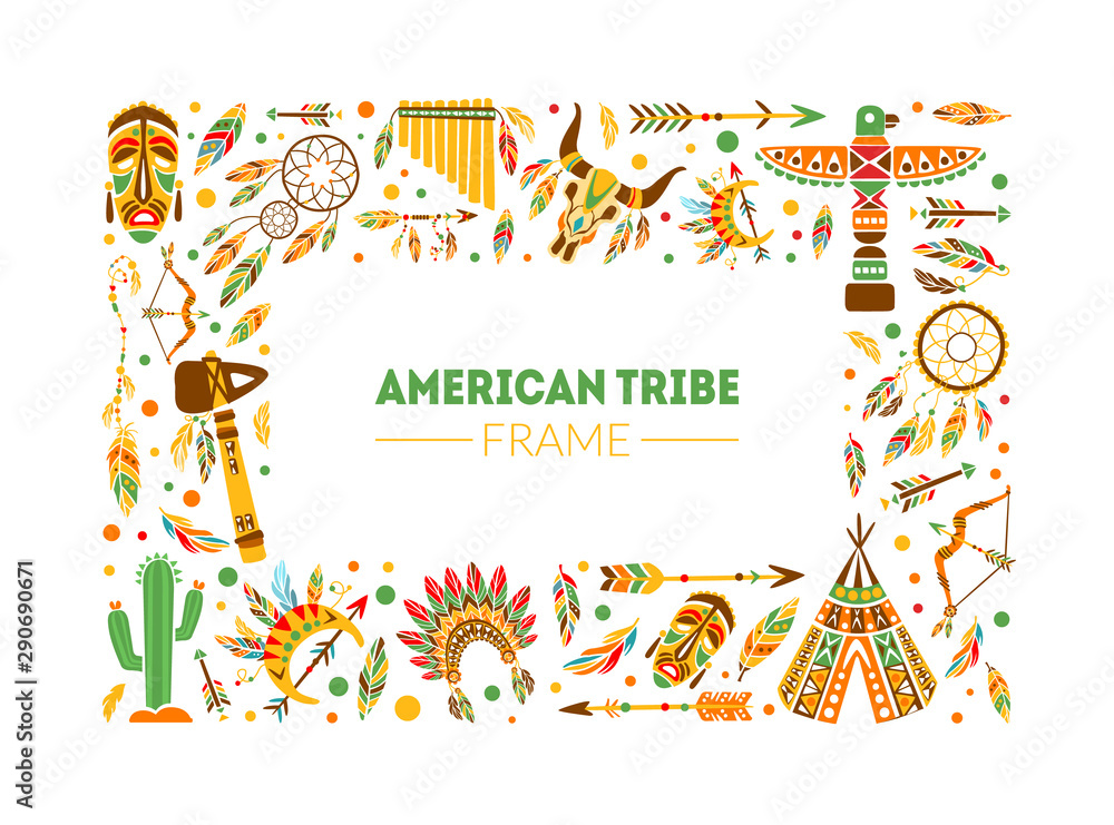 American Tribe Frame, Native Ethnic Symbols Border Template with Space for Text Vector Illustration