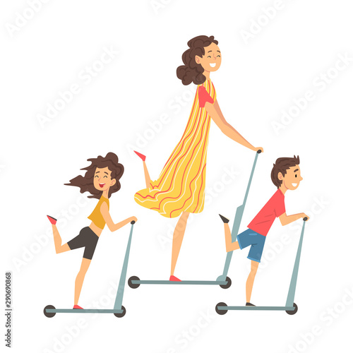 Family Riding Kick Scooters, Mother, Daughter and Son Having Good Time Together Vector Illustration