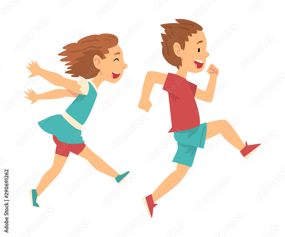 Smiling Boy and Girl Running Together, Happy Kids Having Fun Cartoon Vector Illustration Smiling Boy and Girl Running Together, Happy Kids Having Fun Cartoon Vector Illustration