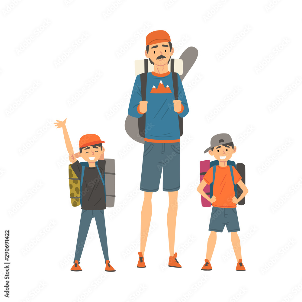 Father and His Two Sons Travelling Together, Hiking, Adventures, Active Recreation Vector Illustration