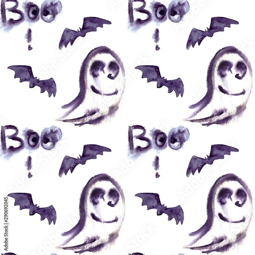 Halloween seamless pattern with halloween ghost and bat. Cute naive watercolor