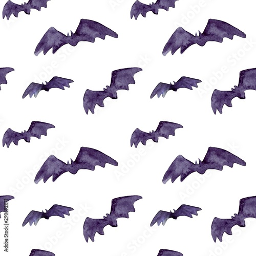 Halloween seamless pattern with halloween bat. Cute naive watercolor