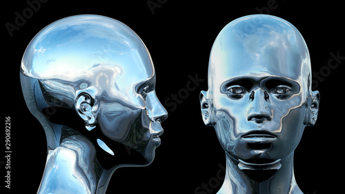 Silver Chrome AI Cyborg Head 3D Render