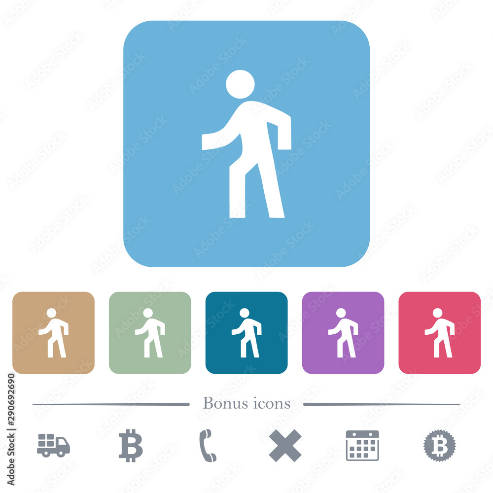 Man walking left flat icons on color rounded square backgrounds Man walking left flat icons on color rounded square backgrounds