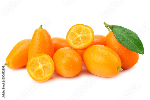 Cumquat or kumquat with slices and leaves isolated on white background
