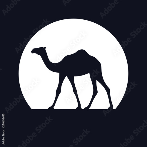 Camel in desert walking forward. Camel graphic sign at sunrise or sunset background. Camel symbol of desert. Vector illustration