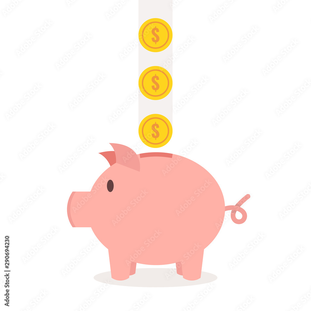 Piggy bank with coin. Saving or accumulation of money, investment concept. Flat vector illustration. Piggy bank with coin. Saving or accumulation of money, investment concept. Flat vector illustration.
