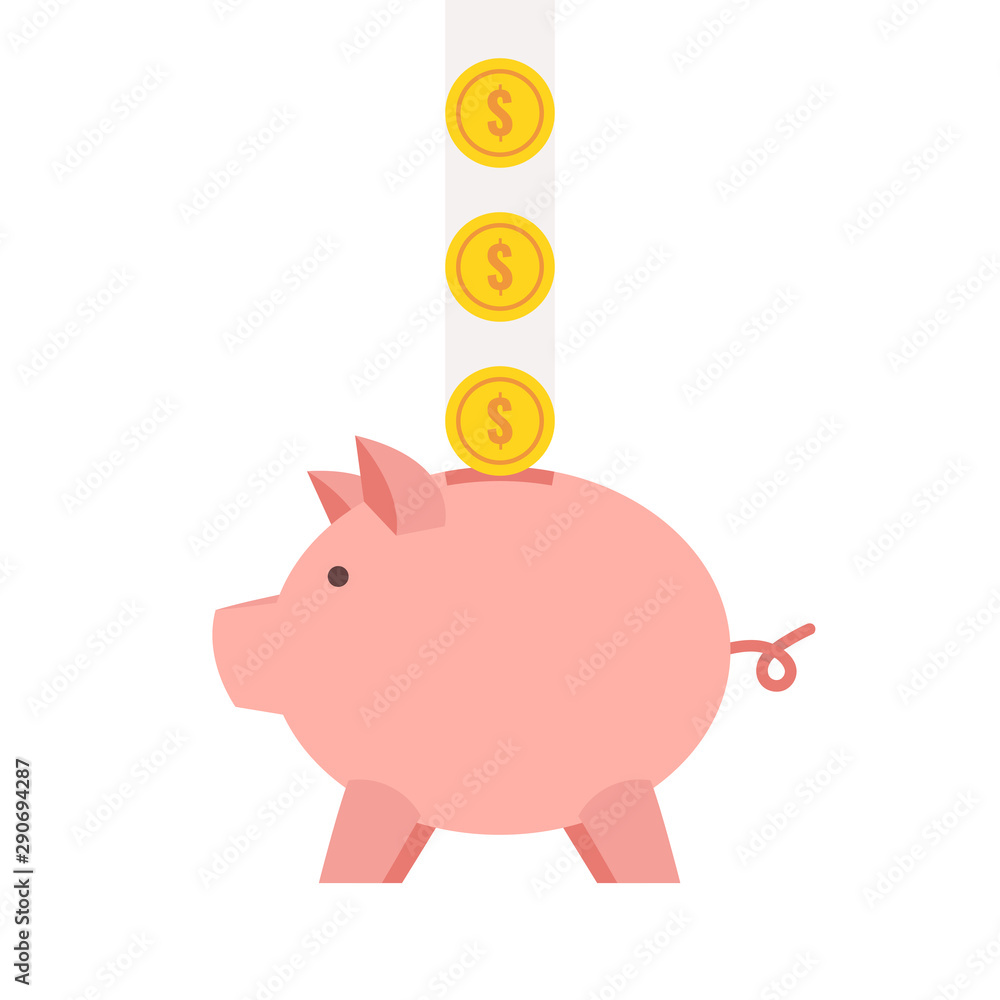 Obraz premium Piggy bank with coin. Saving or accumulation of money, investment concept. Flat vector illustration.