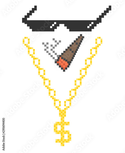 Funny pixelated boss sunglasses. Gangster, thug glasses, gold chain and cigar. Vector illustration.