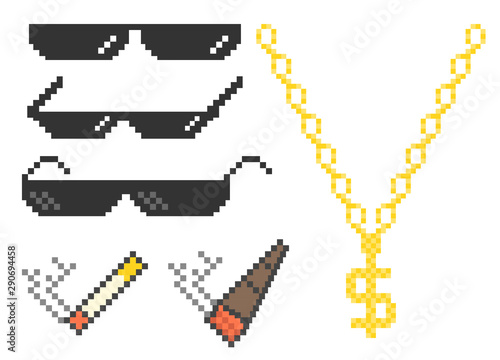 Funny pixelated boss sunglasses. Gangster, thug glasses, gold chain and cigar. Vector illustration.