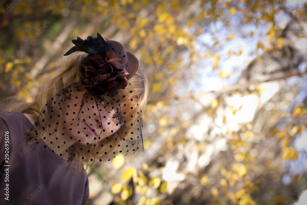 Fototapeta premium beautiful blonde girl in a hat with a veil in autumn