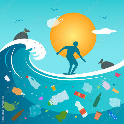 Ecological disaster of plastic garbage in the ocean. Silhouette of a surfer young man on the background of a big wave in a polluted ocean.