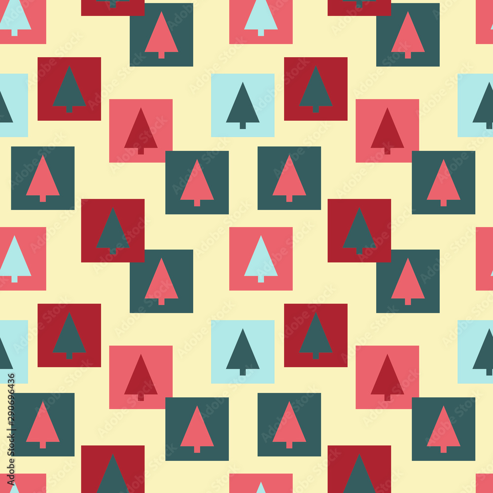 Vector seamless pattern. Simple little Christmas trees on the background of colorful squares, Christmas colors. Vector seamless pattern. Vector seamless pattern. Simple little Christmas trees on the background of colorful squares, Christmas colors. Vector seamless pattern.