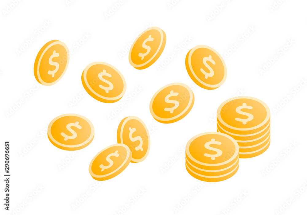 Vector dollar coin money flat illustration. Set of gold coins flip and stack isolated on white background. Design element for banner, poster, website, casino, game. Concept of treasure, financial bank