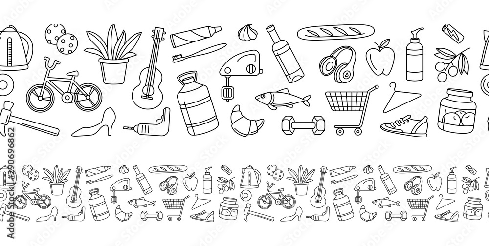 Hypermarket store food, appliances, clothes, toys seamless icons background pattern