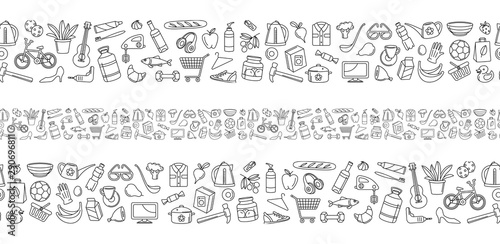 Hypermarket store food, appliances, clothes, toys seamless icons background pattern