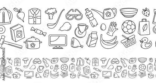 Hypermarket store food, appliances, clothes, toys seamless icons background pattern
