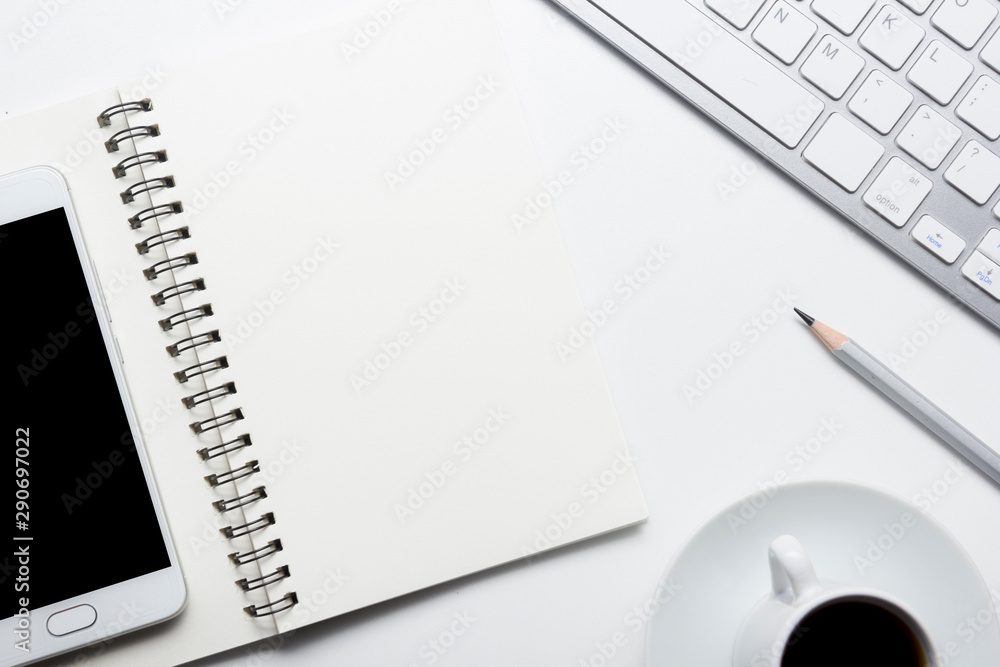 Office desk table with supplies. Flat lay Business workplace and objects. Top view. Copy space for text Office desk table with supplies. Flat lay Business workplace and objects. Top view. Copy space for text