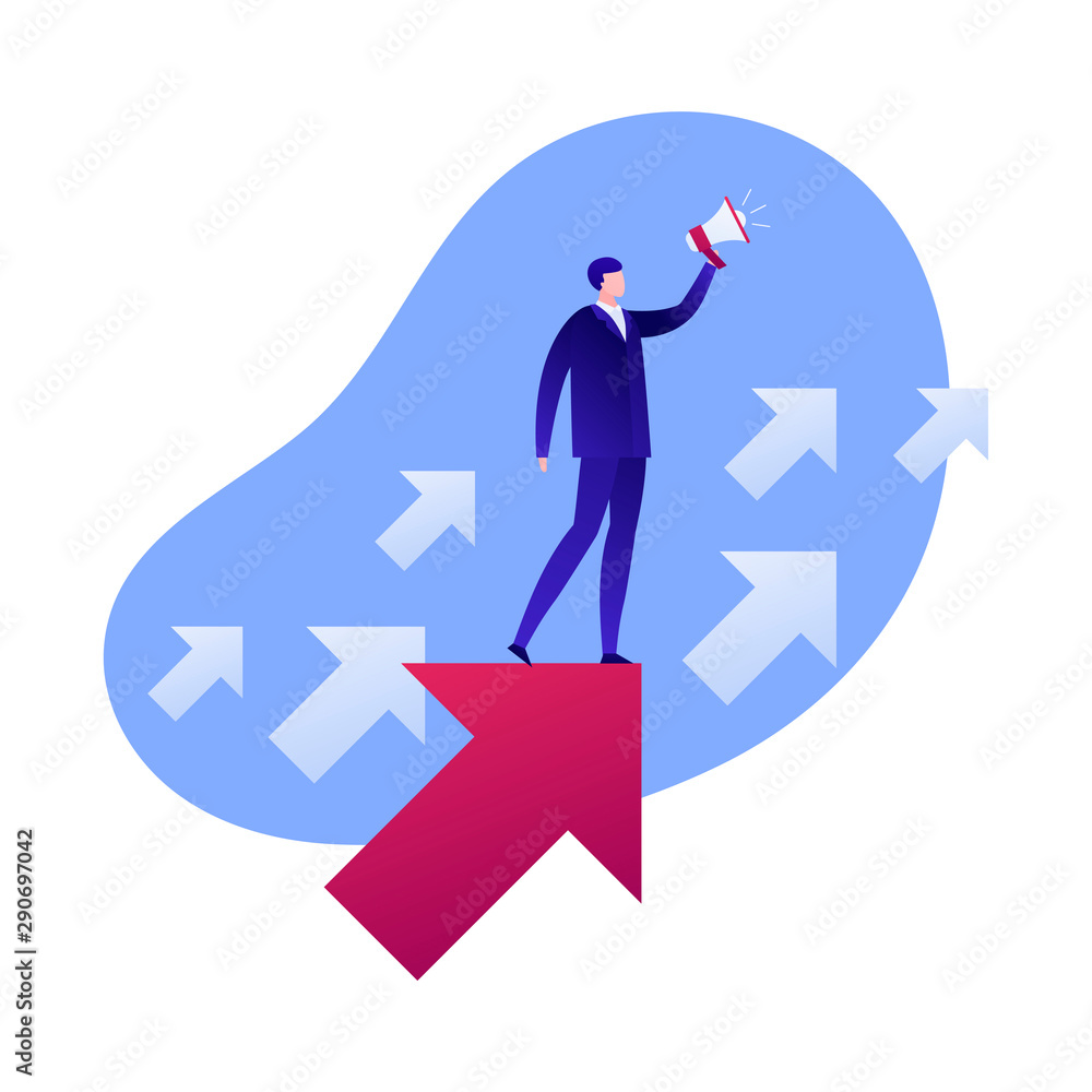 Vector flat success business leadership illustration. Male with loudspeaker standing on arrow. Concept of motivation, promotion, announcement. Design element for banner, poster, card, flyer, web. Vector flat success business leadership illustration. Male with loudspeaker standing on arrow. Concept of motivation, promotion, announcement. Design element for banner, poster, card, flyer, web.